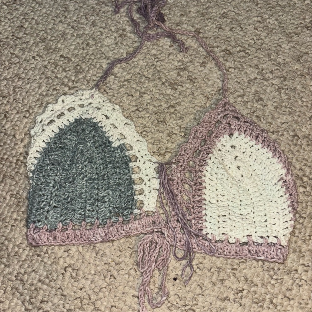 Crochet Halter Top in Gray and Cream